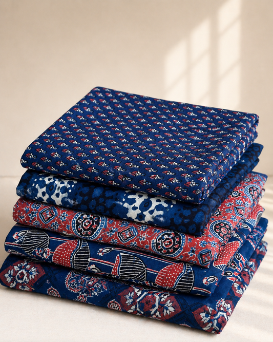 Indigo Ajrakh Print Fabric: Timeless Handcrafted Cotton for Ethnic Fashion