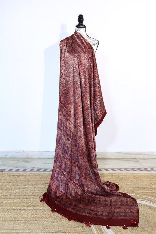 Ajrakh Hand Block Printed Maroon Cotton Saree Fabric