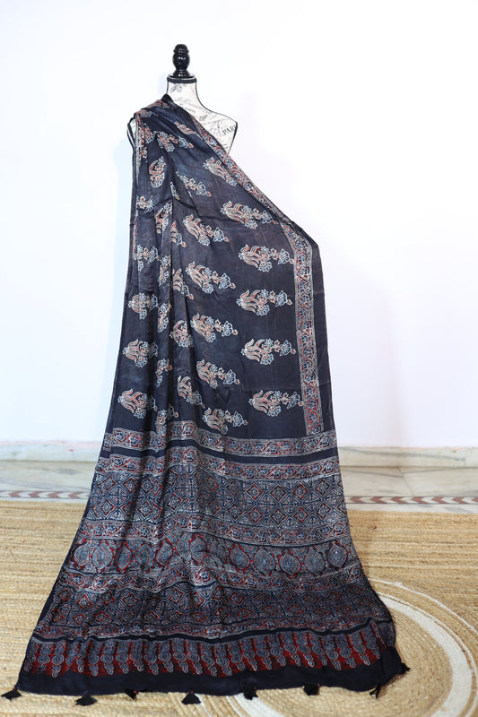 Ajrakh Cotton Saree Fabric | Indigo Ajrakh Hand Block Print Fabric