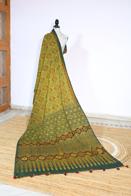 Mustard Ajrakh Cotton Fabric | Traditional Ajrakh Hand Block Print Dress Material