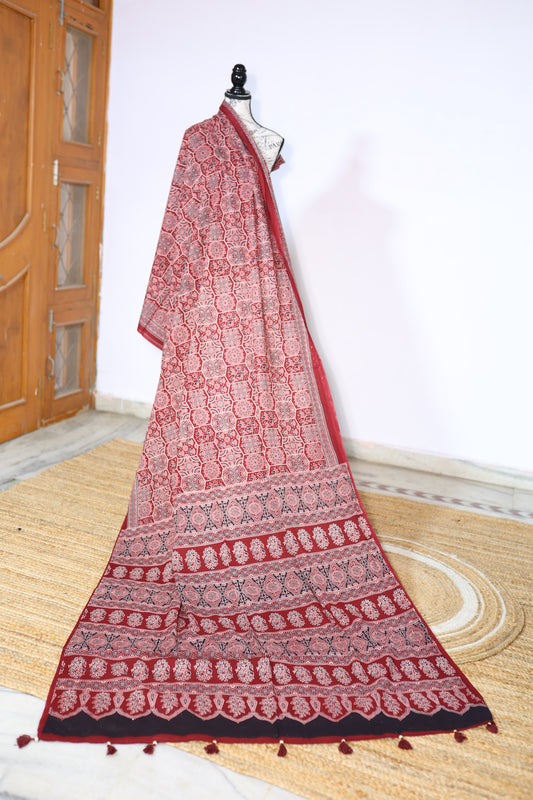 Red Ajrakh Hand Block Print Cotton Fabric | Traditional Ajrakh Saree Fabric