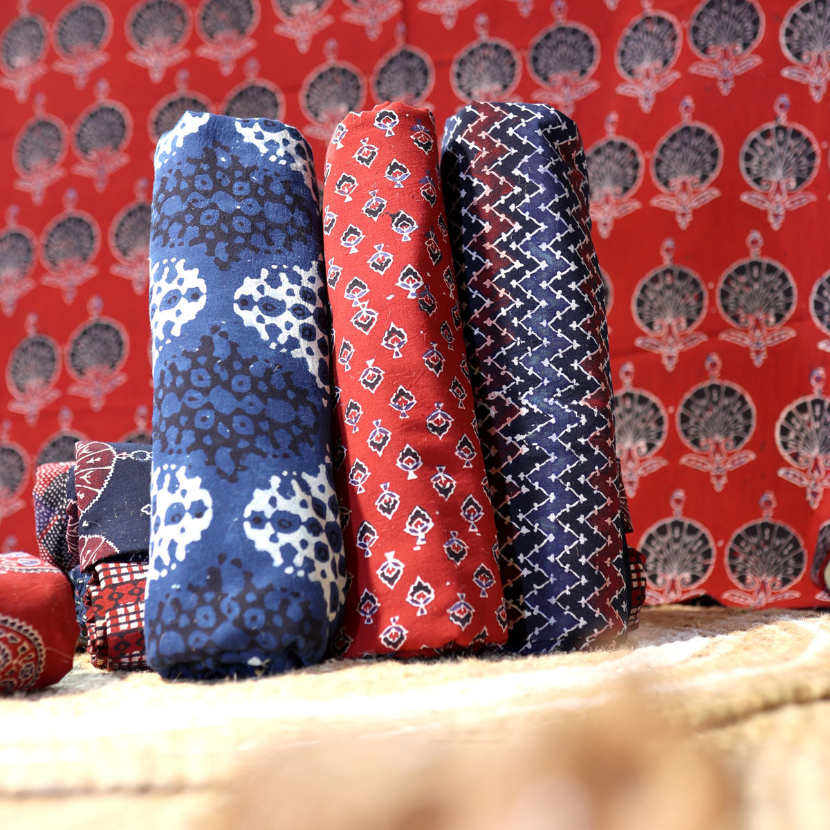 Ajrakh Cotton fabric in Indigo & Red