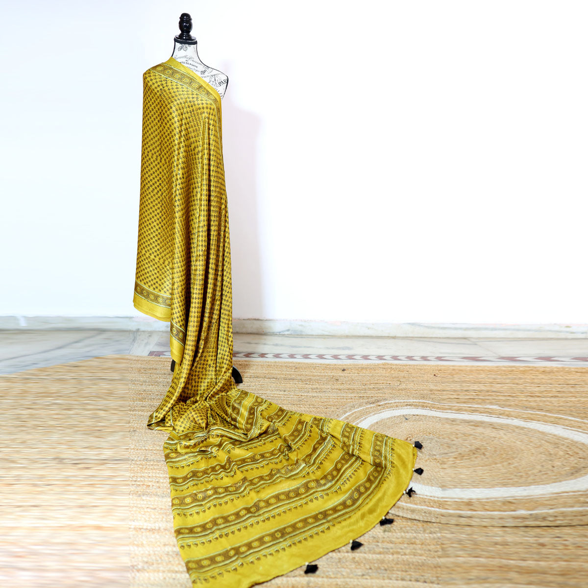 Yellow Geometric pattern Ajrakh Modal Silk Saree